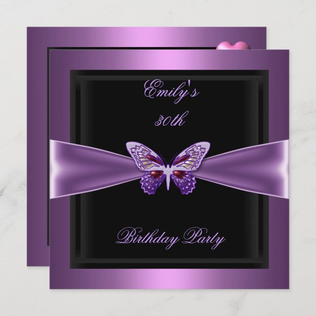 Purple Mauve Black Butterfly 30th Birthday Party Invitation (Front/Back)