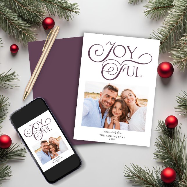 Purple Mauve Christmas Joyful Christmas Photo Holiday Card (Purple Mauve Christmas Joyful Christmas Photo Holiday Card)