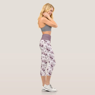 Purple Mauve Floral Flowers Yoga Exercise  Capri Leggings