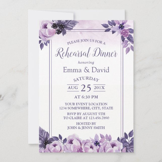 Purple Mauve Floral Wedding Rehearsal Dinner Invitation (Front)