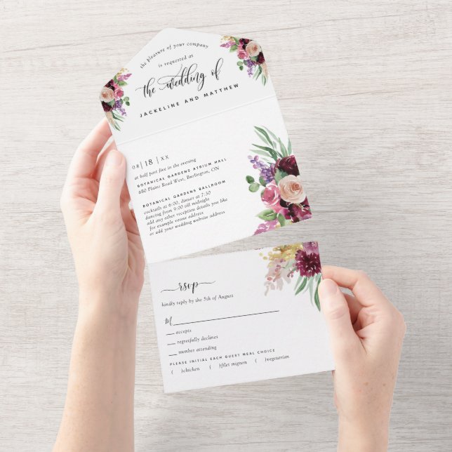 Purple Mauve Floral Wedding Tear Off RSVP All In One Invitation (Tearaway)
