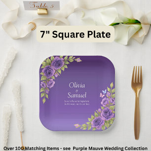 Purple Mauve Flowers & White Wedding  7" Square Paper Plate