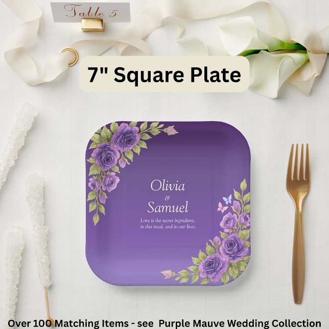 Purple Mauve Flowers & White Wedding  7" Square Paper Plate (Creator Uploaded)