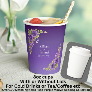 Purple Mauve Flowers & White Wedding 8oz Paper Cups