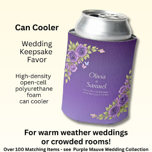 Purple Mauve Flowers & White Wedding Can Cooler