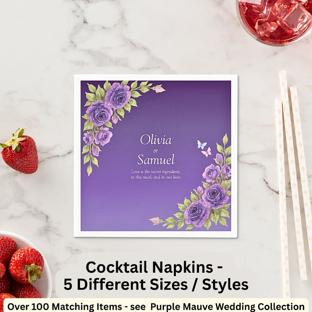 Purple Mauve Flowers & White Wedding  Cocktail  Napkin (Creator Uploaded)