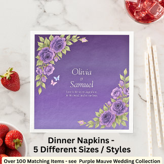 Purple Mauve Flowers & White Wedding Napkin