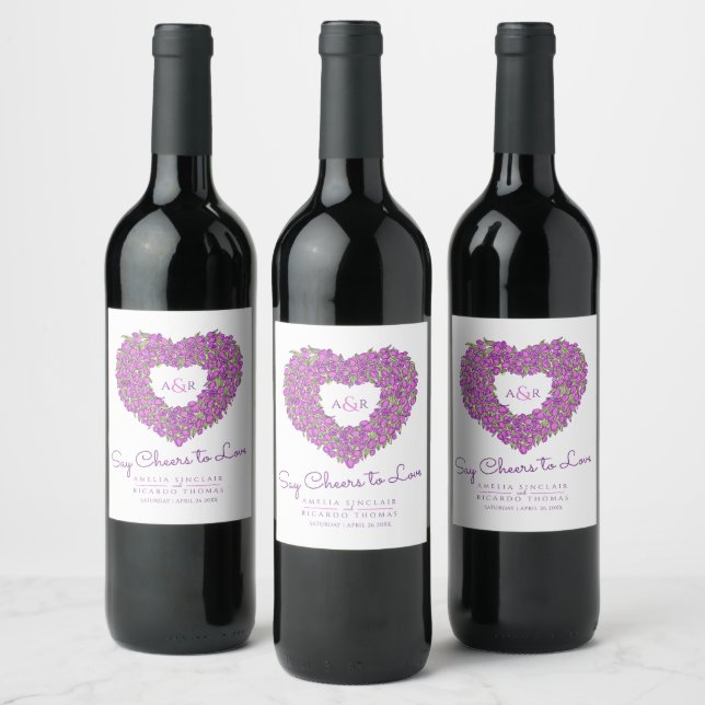 Purple mauve inked tulip heart bouquet wedding wine label (Bottles)