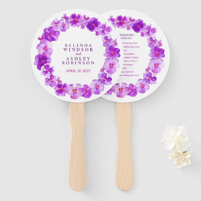 Purple mauve pansy watercolor wedding program fans (Front and Back)