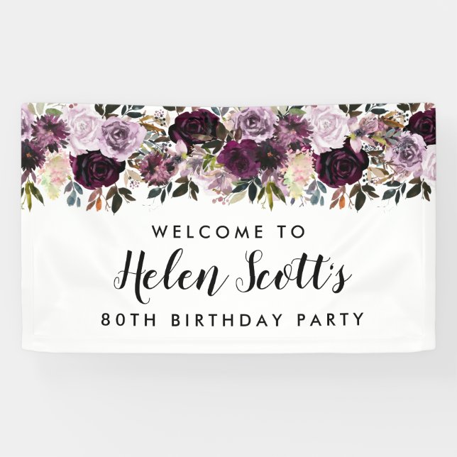 Purple Mauve Pink 80th Birthday Party Welcome Banner (Horizontal)
