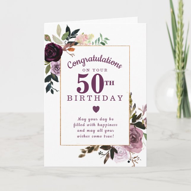 Purple Mauve Pink Floral 50th Birthday Card (Front)