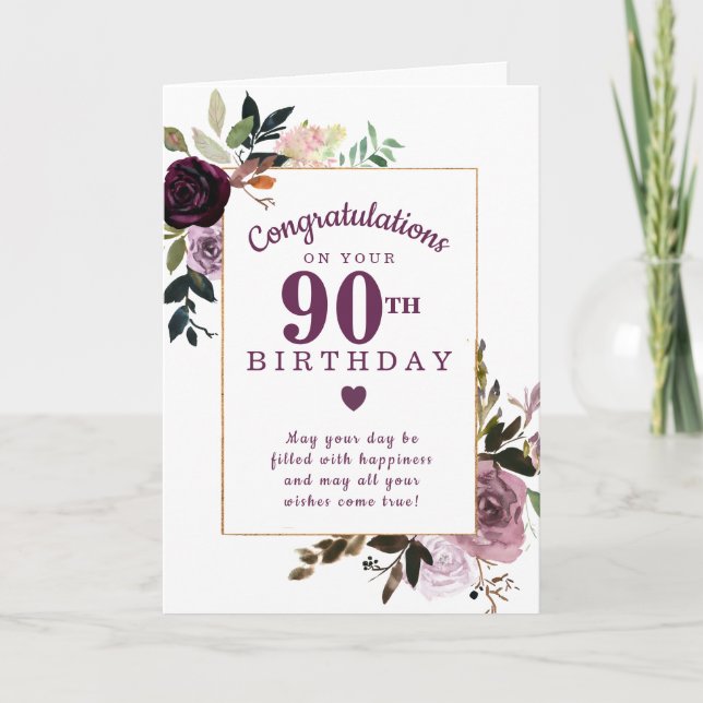 Purple Mauve Pink Floral 90th Birthday Card (Front)