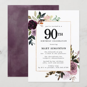 Purple Mauve Pink Floral 90th Birthday Invitation