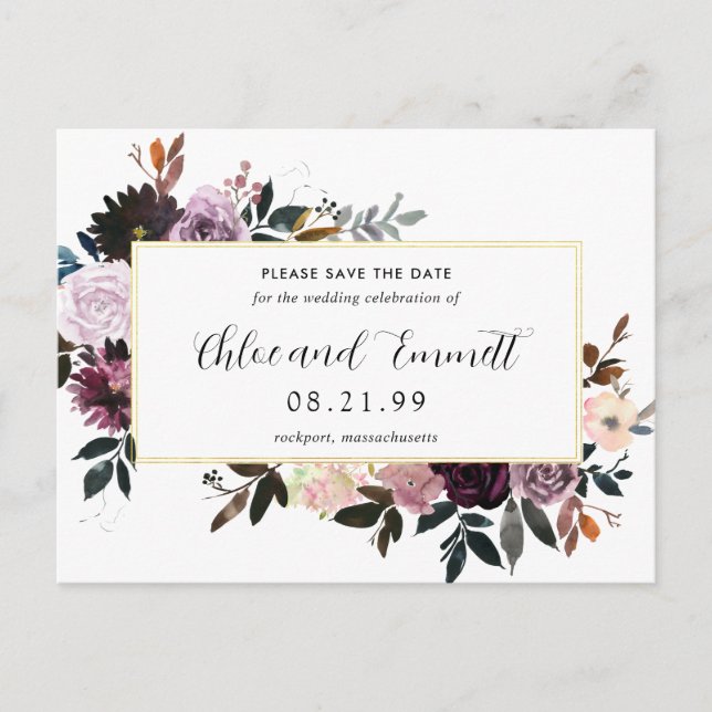Purple Mauve Pink Floral Save the Date Announcement Postcard (Front)