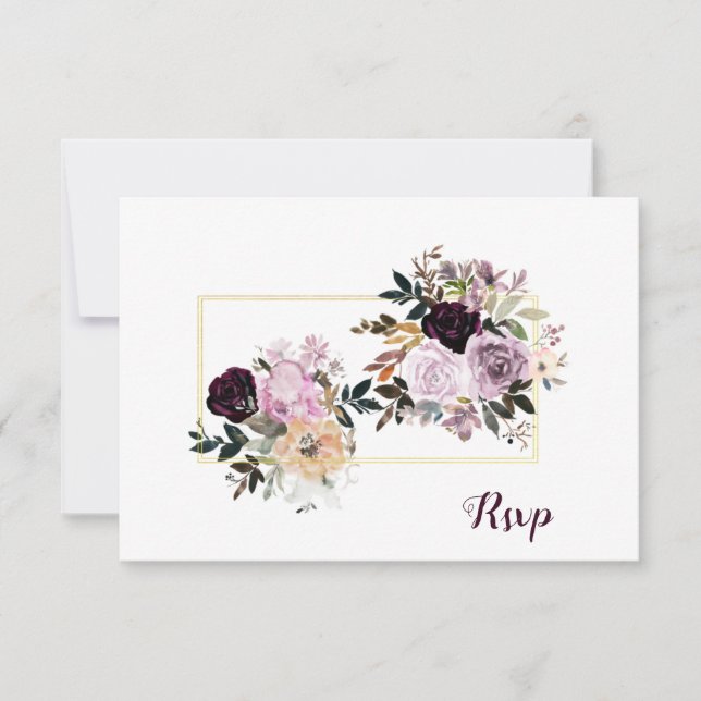Purple Mauve Pink Gold Peonies Roses RSVP (Front)