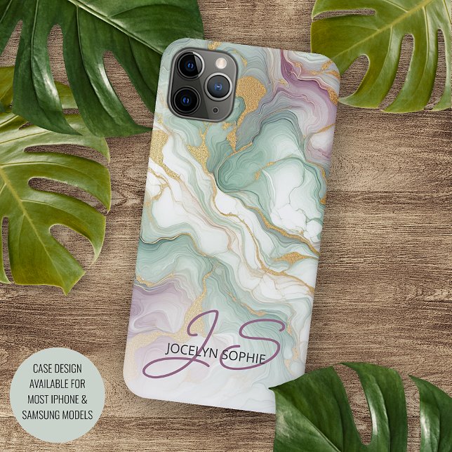Purple Mauve Pink Green Gold Marble Art Pattern iPhone Case (Creator Uploaded)