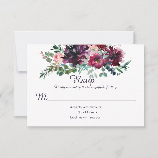 Purple Mauve Pink Plum Red Violet Greenery RSVP (Front)