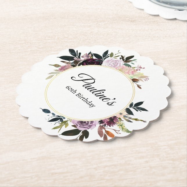 Purple Mauve Rose Floral 60th Birthday Party Paper Coaster (Angled)