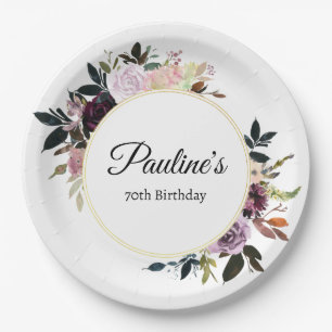 Purple Mauve Rose Floral 70th Birthday Party Paper Plate