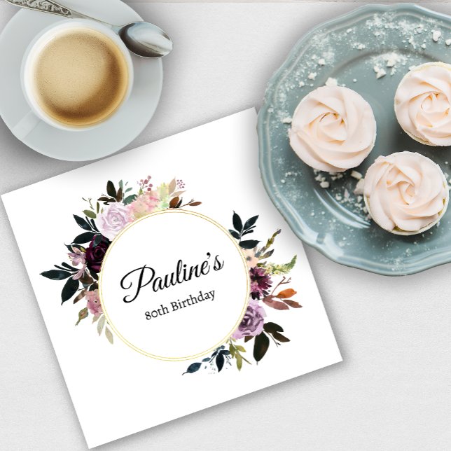 Purple Mauve Rose Floral 80th Birthday Party Napkin (Need more matching party supplies? Message me!)