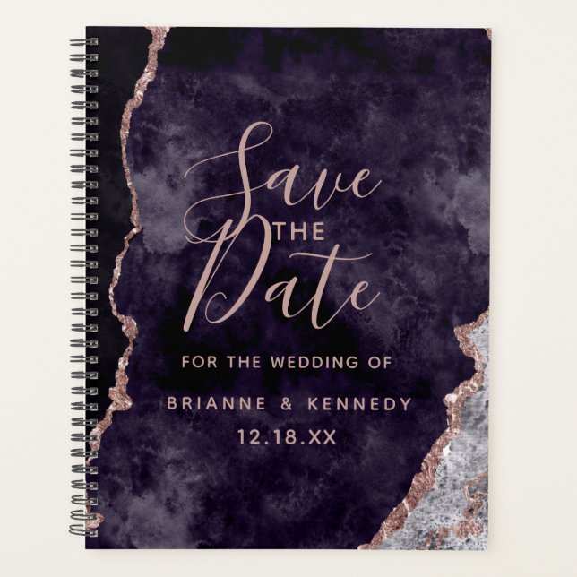 Purple Mauve Rose Gold Agate Marble Save the Date Planner (Front)