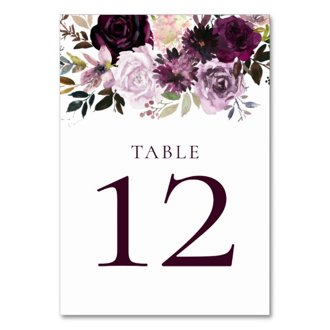 Purple Mauve Violet Plum Pink Watercolor Table Number (Front)