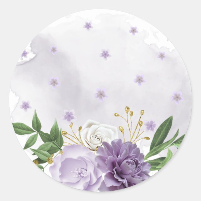 purple mauve white floral greenery classic round sticker (Front)