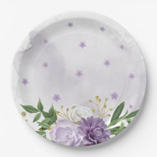 purple mauve white floral greenery paper plate