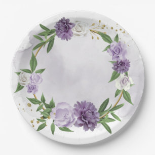 purple mauve white floral greenery paper plate