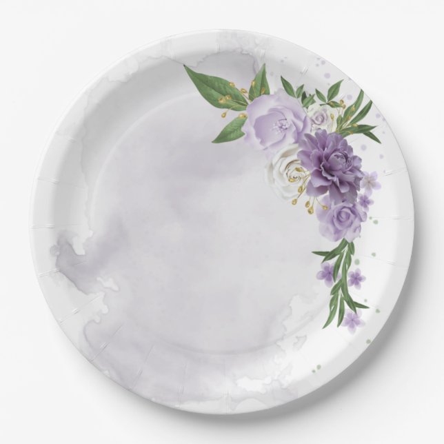 purple mauve white floral paper plate (Front)