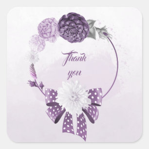 purple mauve & white flowers wreath thank you square sticker