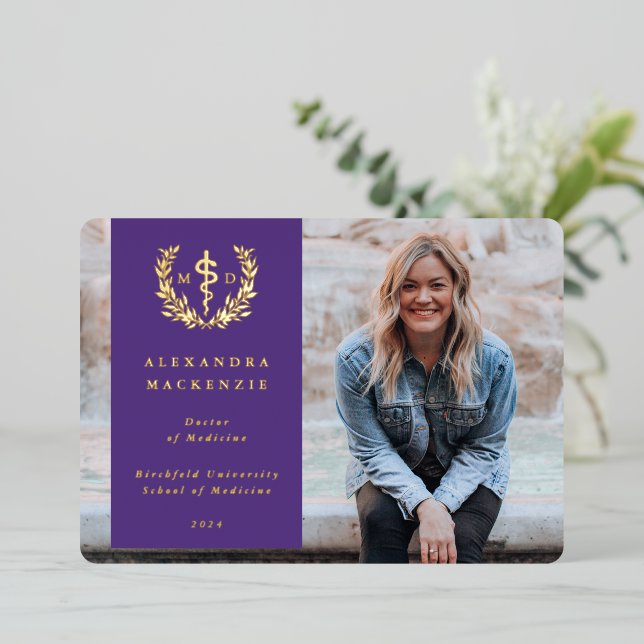 Purple MD Asclepius Graduation Photo Announcement (Standing Front)
