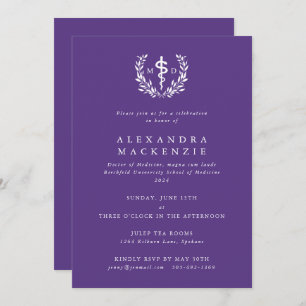 Purple MD Asclepius + Laurel Wreath Graduation Invitation