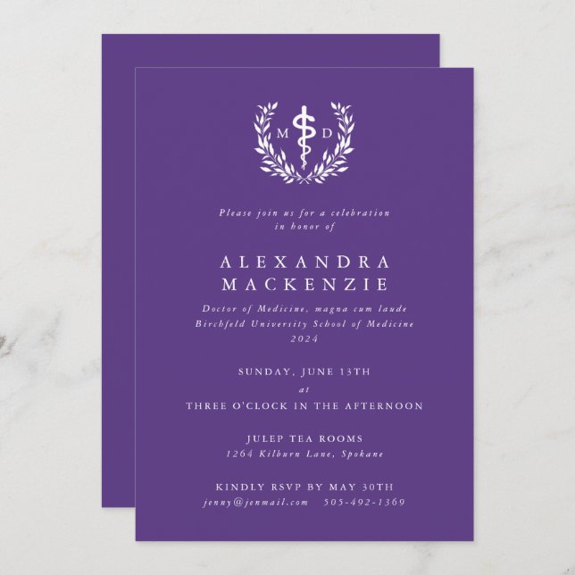 Purple MD Asclepius + Laurel Wreath Graduation Invitation (Front/Back)
