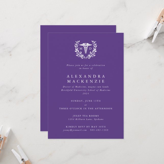 Purple MD Caduceus+Laurel Wreath Graduation Invitation (Front/Back In Situ)