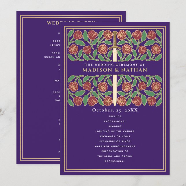 Purple Mediaeval Gold Floral Sword Royal Wedding Programme (Front/Back)