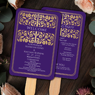 Purple Mediaeval Gold Sword Royal Wedding Program Hand Fan
