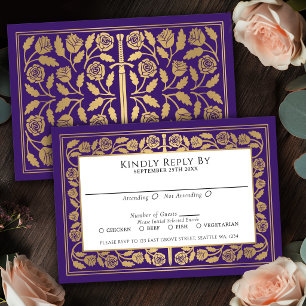 Purple Mediaeval Gold Sword Royal Wedding RSVP Card