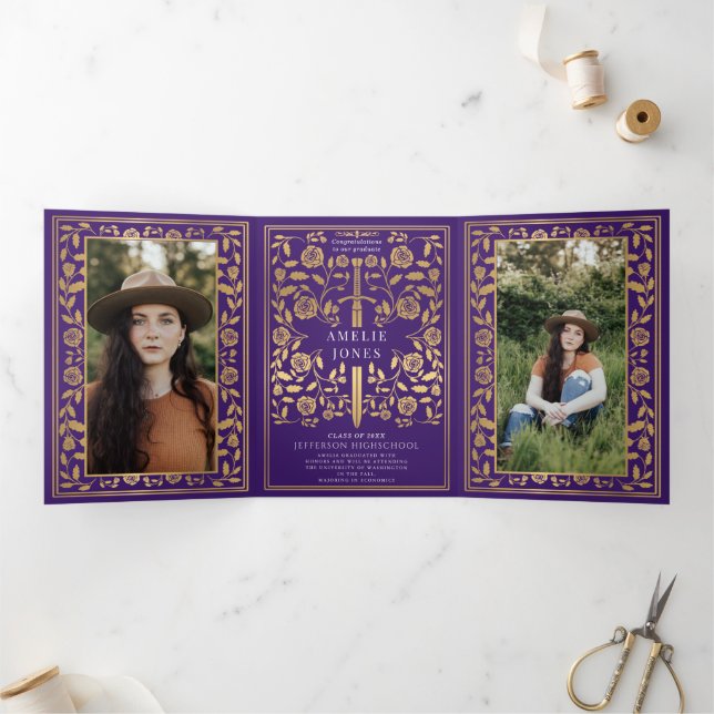 Purple Mediaeval Sword Photo Graduation Party  Tri-Fold Invitation (Inside)