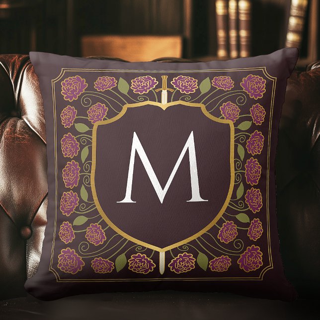 Purple Mediaeval Sword Shield Monogram Throw Pillo Cushion (Creator Uploaded)