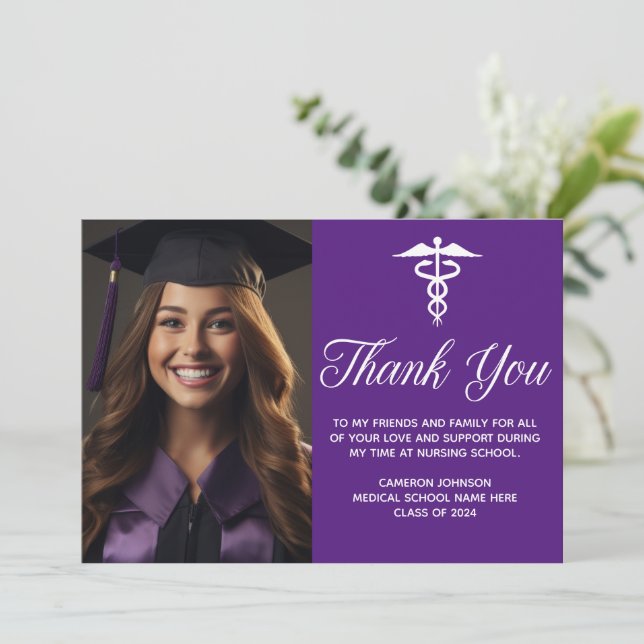 Purple Medical School Graduation Photo Custom Thank You Card (Standing Front)
