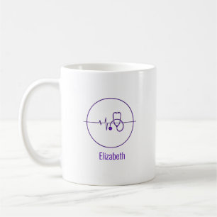 Purple Medical Stethoscope Heartbeat Custom Name Coffee Mug