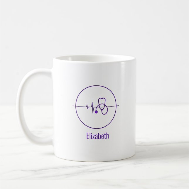 Purple Medical Stethoscope Heartbeat Custom Name Coffee Mug (Left)