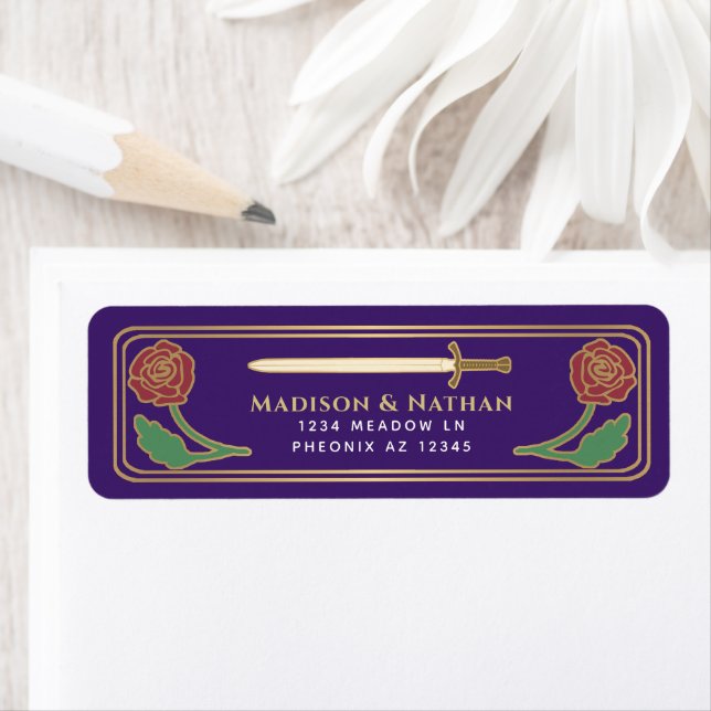 Purple Medieval Fantasy Gold Sword Wedding Label (Insitu)