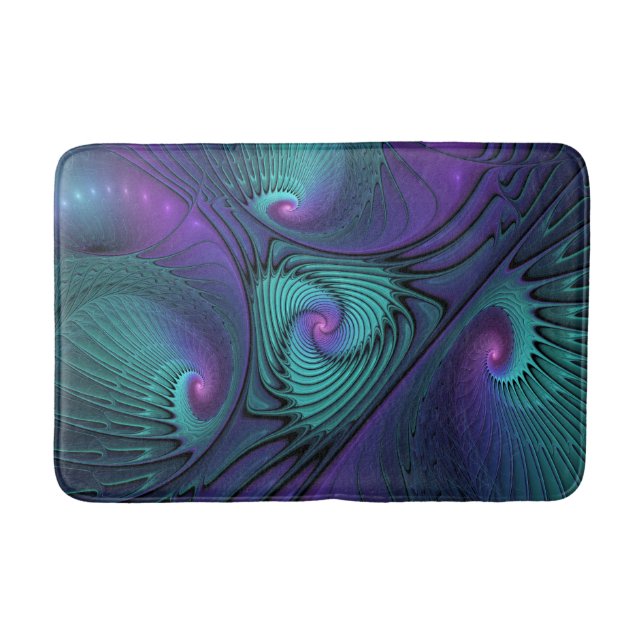 Purple meets Turquoise modern abstract Fractal Art Bath Mat (Front)