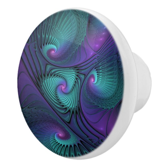 Purple meets Turquoise modern abstract Fractal Art Ceramic Knob (Right)