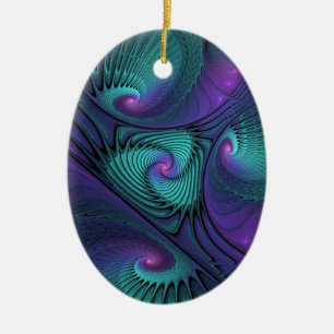 Purple Meets Turquoise Modern Abstract Fractal Art Ceramic Tree Decoration