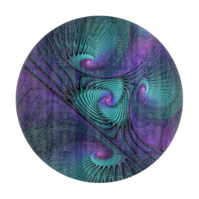 Purple Meets Turquoise Modern Abstract Fractal Art Cutting Board (Front)