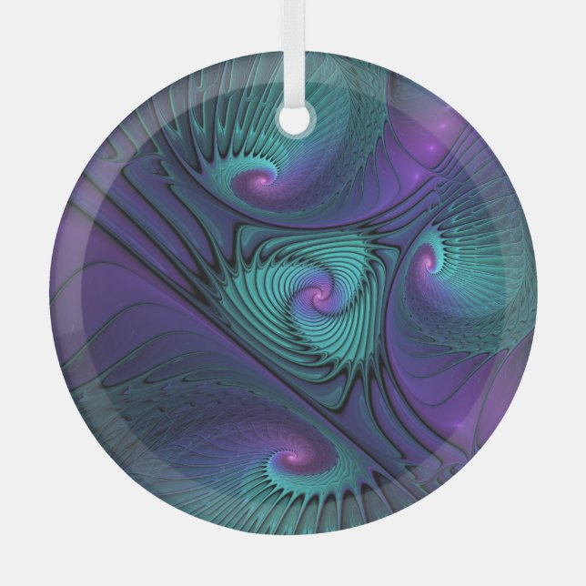 Purple Meets Turquoise Modern Abstract Fractal Art Glass Tree Decoration (Front)