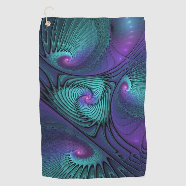 Purple Meets Turquoise Modern Abstract Fractal Art Golf Towel (Front)